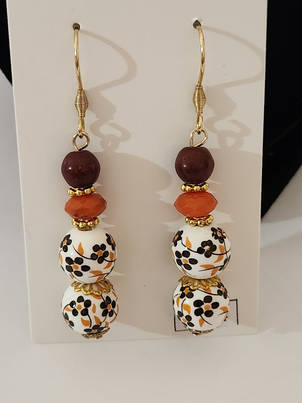 Hand Crafted Gold, White, Brown, Orange Drop Earrings